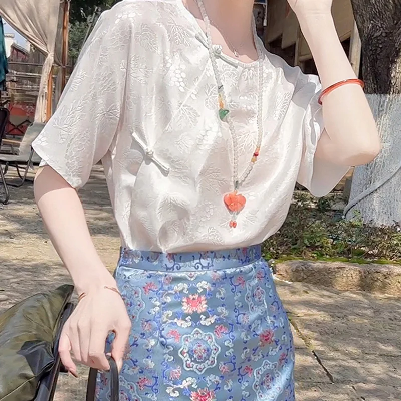 

2024 New Summer Korean Style Retro Loose Casual Office Lady Women's Shirt Embroidery Print O Neck Short Sleeve Y2K Chic Tops