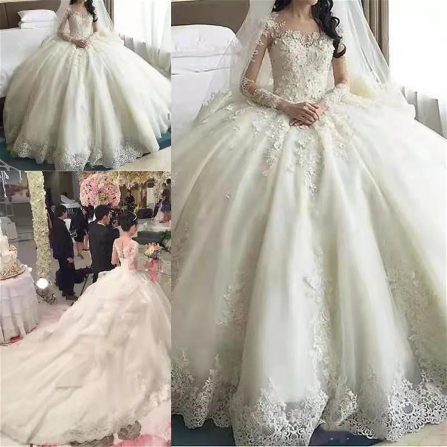 

Hot Sale Dubai Crystal Flowers Ball Gown Wedding Dresses 2023 New Long Sleeve Muslim Lace Appliques Wedding Gowns Bridal Dress