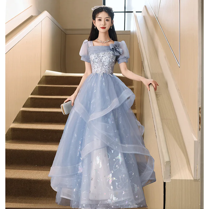 Fashion Blue Prom Dresses Square Collar Appliques Flounce Organza Princess Ball Gowns Women Formal Party Evening Dress