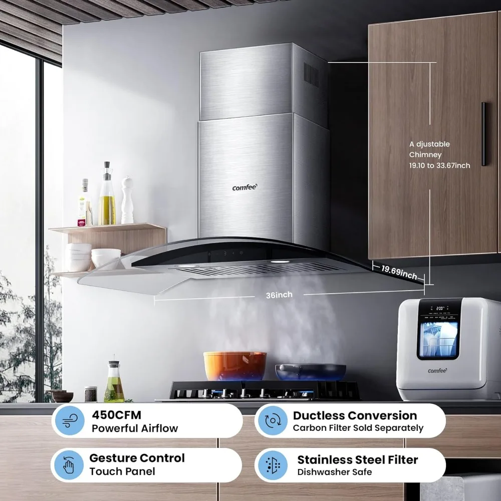 Curved Glass Range Hood,36 Inch,450 CFM ,3 Speed ,Gesture Sensing &Touch Control Panel ,Convertible ,Baffle Filters，2 LED Lights 6