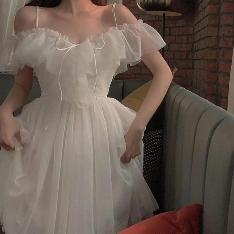 

Spring Fairy Dress Mesh Patchwork Lace Chiffon Kawaii Dresses Summer 2023 New Women Elegant Sweet Party Dress White Female Sexy