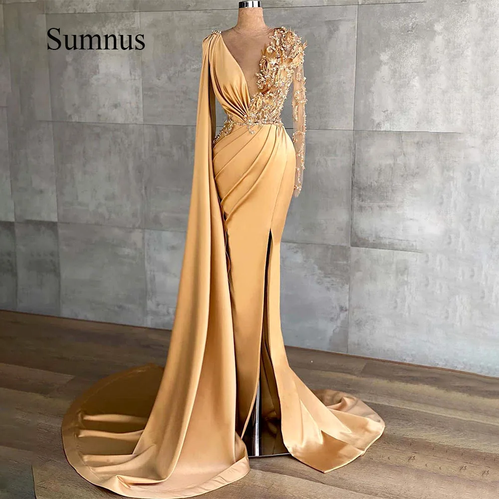 

Sumnus Gold Mermaid Arabic Evening Dresses Cape Long Sleeve Appliques Pleats Satin Side Slit Arabic Formal Gowns With Train