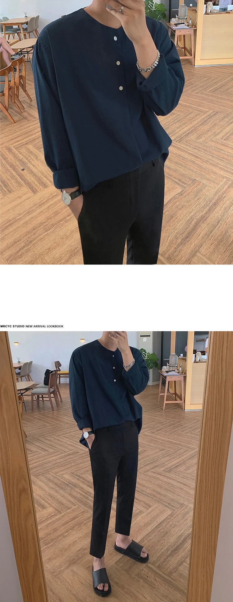 Solid Round Neck Men's Shirt Korean Loose Long Sleeve Single Breasted Shirt for Boys Simple Slim Top Man 2020 blue short sleeve shirt