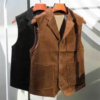 Corduroy Men Vest Cotton Light Brown New Style Notched Lapel Solid Color With Pockets Gilet For Male Clothing жилетка 1