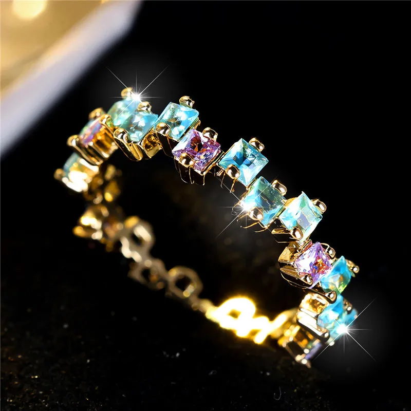 Cute Female Blue Purple Zircon Stone Square Engagement Ring Gold Color Wedding Jewelry For Women