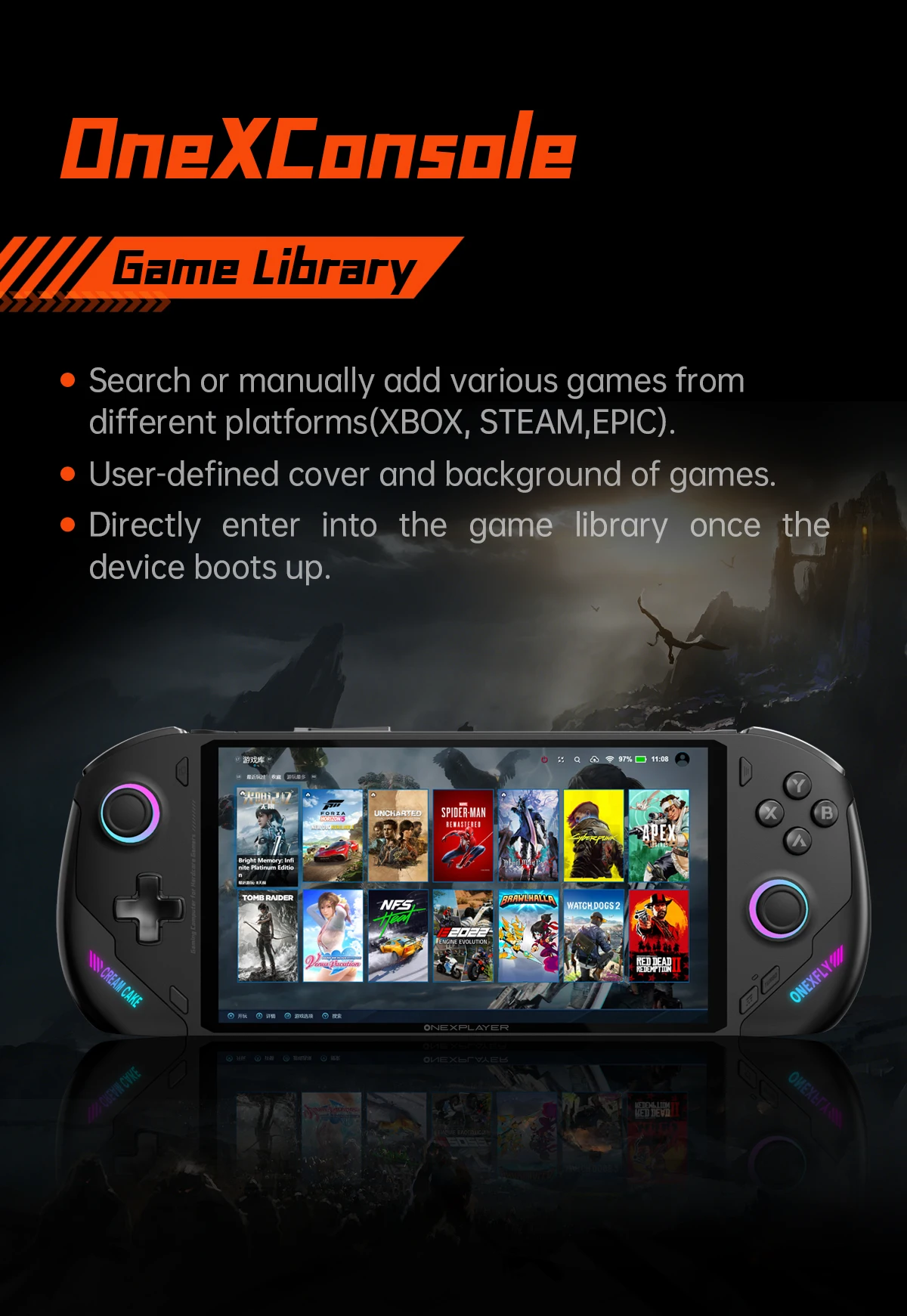 美品 ONEXFLY 国内正規AMDRyzen 7 7840U/32GB/1TB ONEXFLY is an ultra-thin gaming console featuring AMD Ryzen