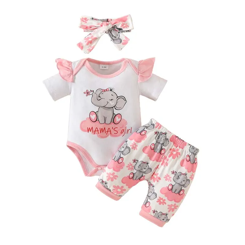 

0-18Months Baby Romper Set Girl Clothes Summer Elephant Monogram Print Onesies Elastic-Waisted Shorts with Hairband 3Pcs Outfits