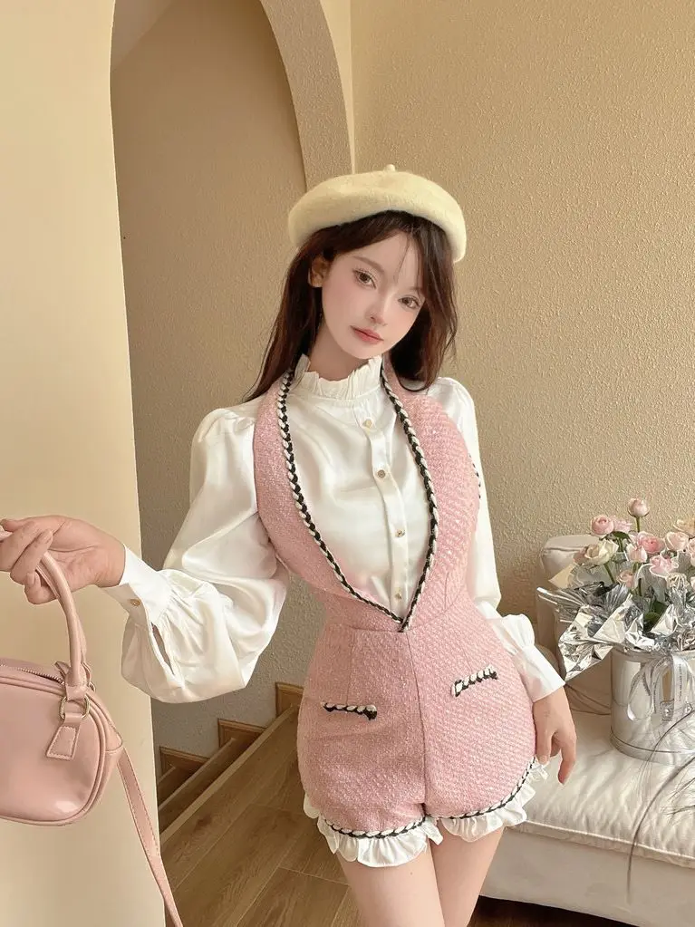 French Vintage Two-piece Set Women Solid Ruffles O-neck Shirt Tweed Halter Short Overalls Elegant Fashion Autumn Y2K Outfits New