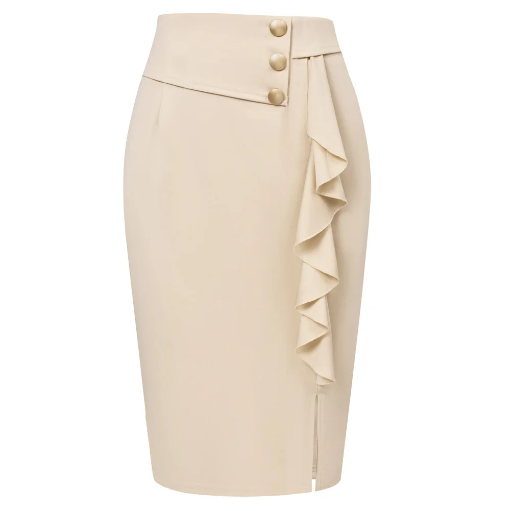 BP Women Vintage Front Slit Skirt High Waist Ruffle Decorated Mid-calf Slim Fit Pencil Bodycon Skirt Office Lady Causal Fashion