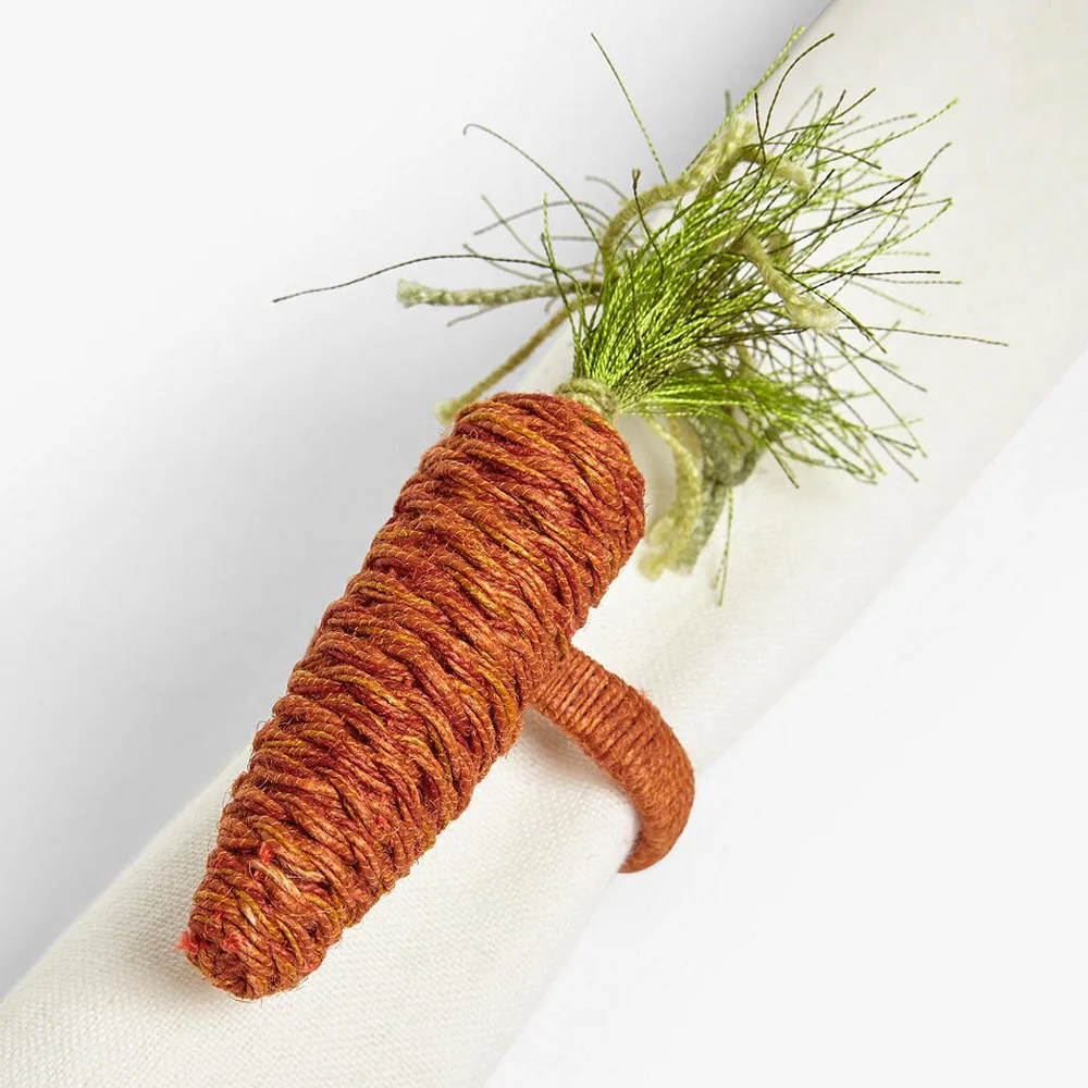 

2PCS Handmade Weave Easter Carrots Jute Rabbit Ears Napkin Ring Wooden Napkin Buckle Dining Kitchen Party Table Decor