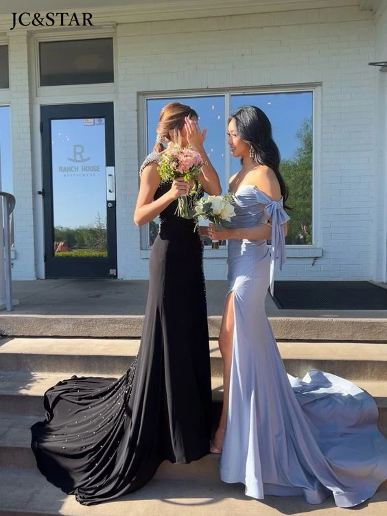 Mermaid bridesmaid dresses blue sexy sweetheart Off the Shoulder bow vestidos para bodas mujer invitada high slitElegant party