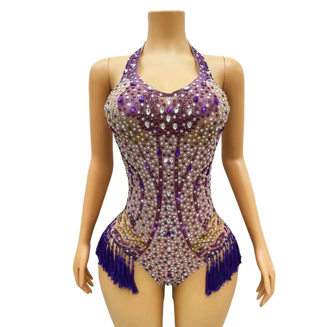 

Flashing Silver Purple Fringes RhinestonesLeotard Evening Birthday Celebrate BodysuitCostume Sleeveless Sexy Outfit shanyao