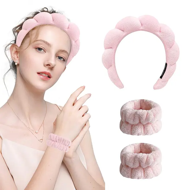 Microfiber Spa Set (3 Pieces): Bubble Headband + Wristbands for Face Washing and Skincare