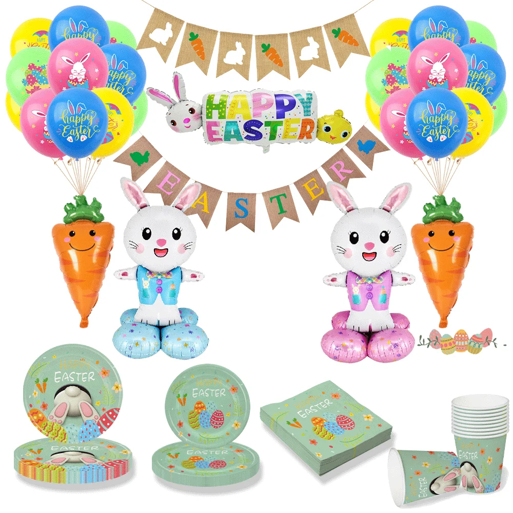 Oster-Party Tischgeschirr Pastellfarbene Hasen-Folienballons Geburtstags-Event-Deko-Set Teller Banner Frühlingsfest-Dekorationen