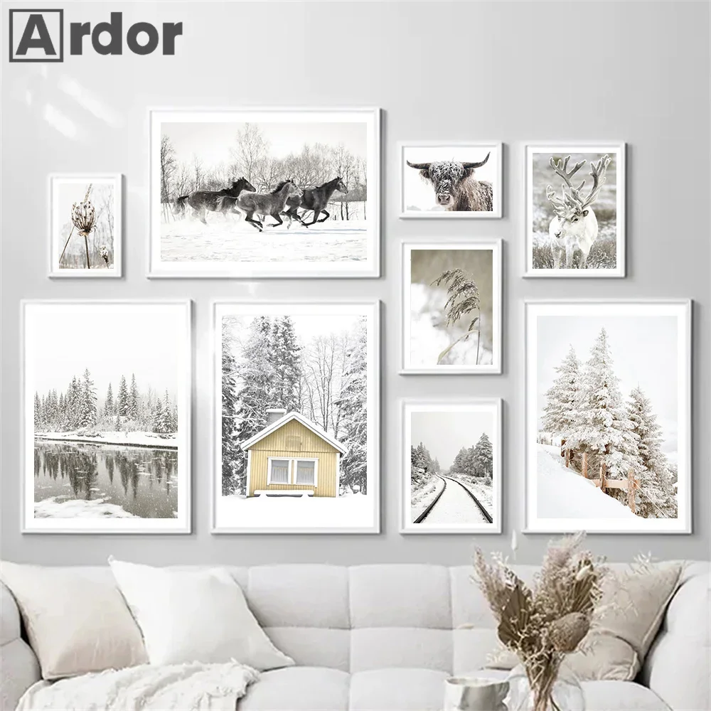 

Winter Snow Landscape Posters House Deer Forest River Wall Art Canvas Painting Nordic Prints Pictures Living Room Home Decor