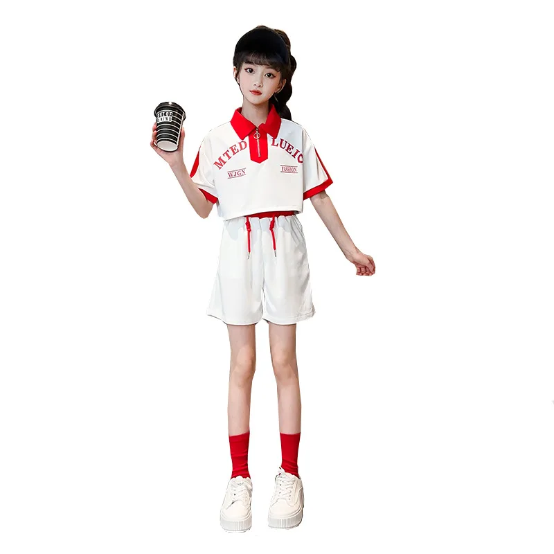 

Teens Clothing Summer Korean Fashion Polo Collar Letter Print Pullover + Elastic Waist Shorts 2pcs Casual Girl Outfit Set 4-14 Y