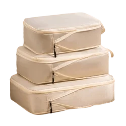 Set of 3 Polyester Compression Packing Cubes - Large Capacity, Portable, Waterproof Travel Organizers (Beige)