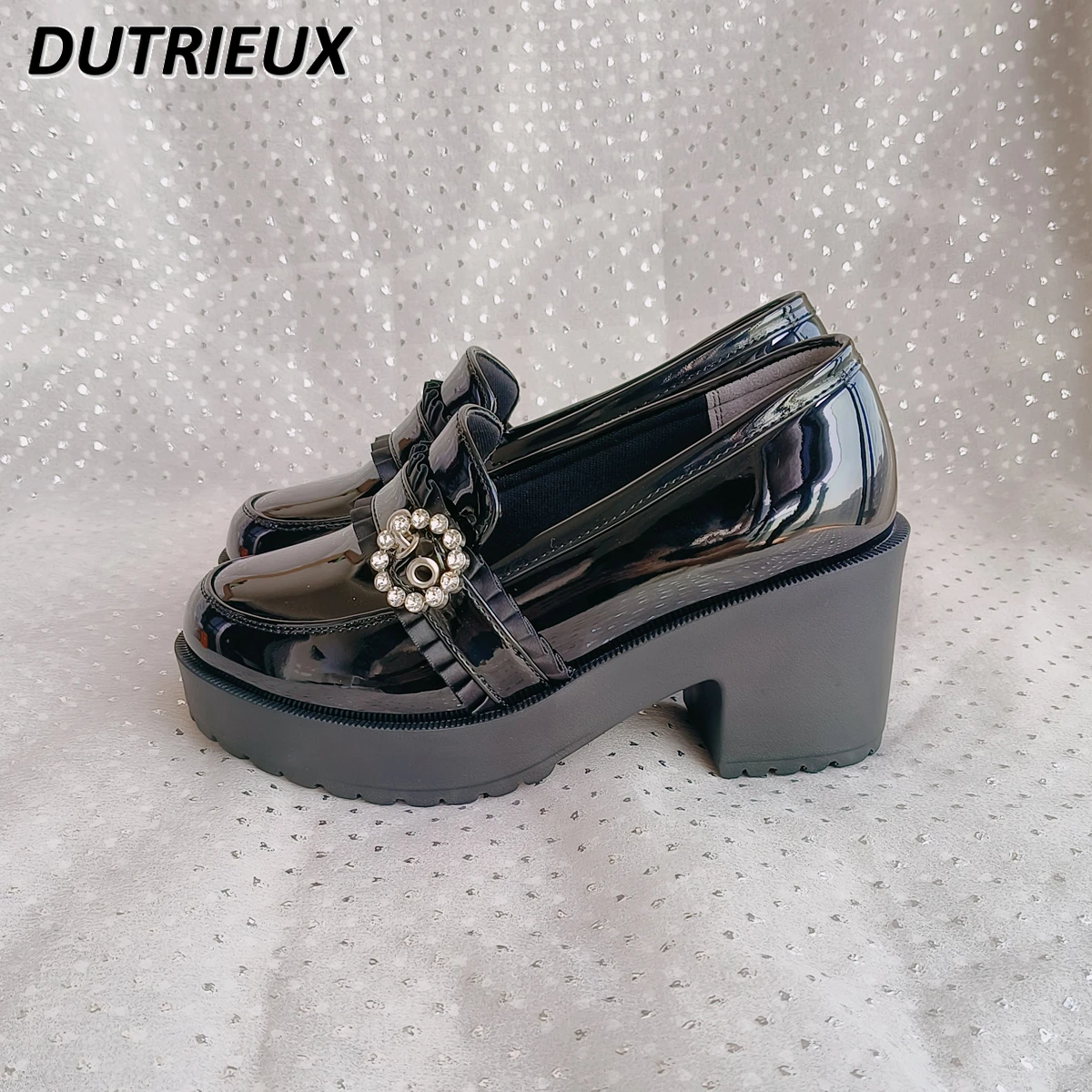 Japanese Sweet Mine Rhinestone Lace Patent Leather Shoes Women Thick Bottom Platform Waterproof Platform High Heels Lolita Pumps