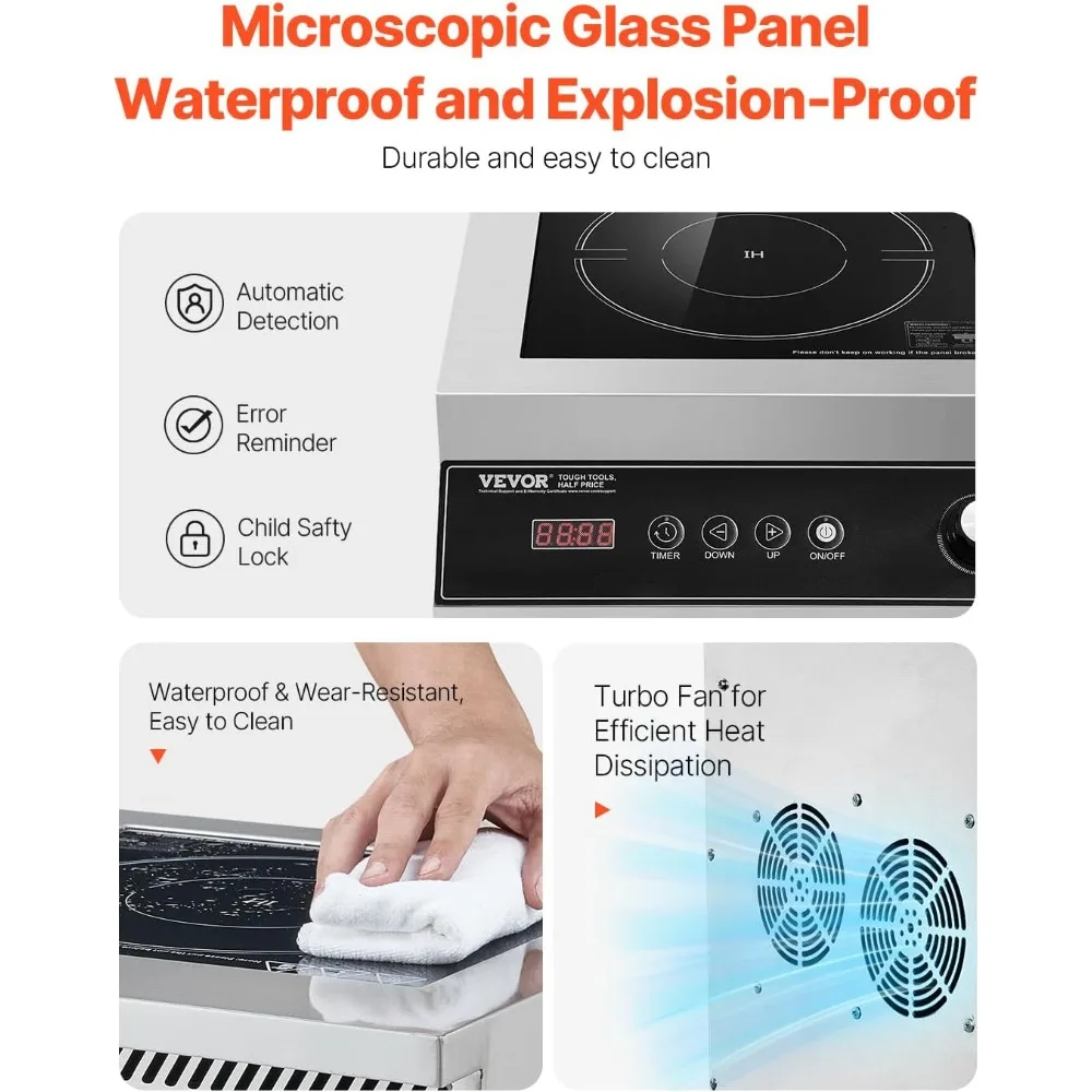 Stainless Steel 5000W Portable Induction Cooktop with 16 Adjustable Temperature Settings