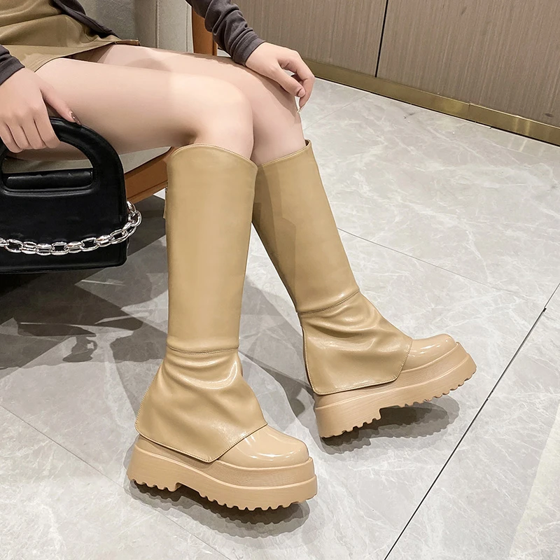Women Knee High Boots Soft Leather Platform Winter Motorcycle Shoes Woman High Heels Long Boots Ins Hot Chunky Boots Botas Mujer