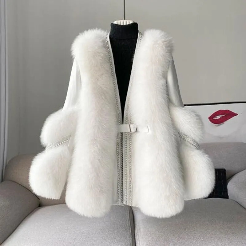 

2023 autumn and winter new loose luxury imitation fox fur imitation fur coat medium length thickened warm coat