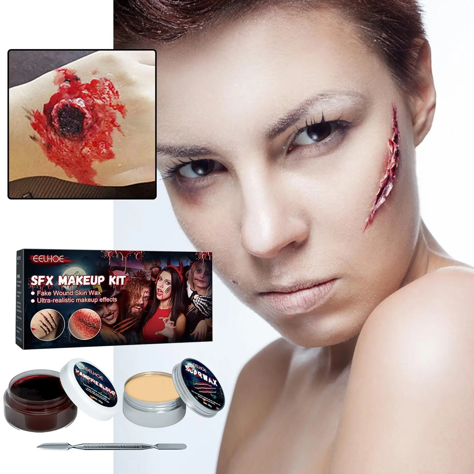 

SFX Makeup Kit Scars Wax Halloween Special Effects Stage Fake Wound Skin Wax with Spatula Stipple Sponge Fake Wood Drop shipping