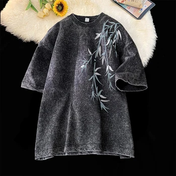Bamboo Leaf Pattern Short Sleeve Heavy Fabric Acid Washed Men's T-shirt Men Woman Streetwear Oversized Loose Tops Summer Tees 1