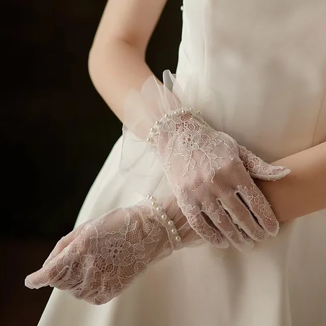 Gants japonais doux en dentelle pour filles, noir et blanc, gothique, Lolita, nœud en maille, fleur, en dentelle, bracelet doux, accessoire de Cosplay de demoiselle d'honneur 1