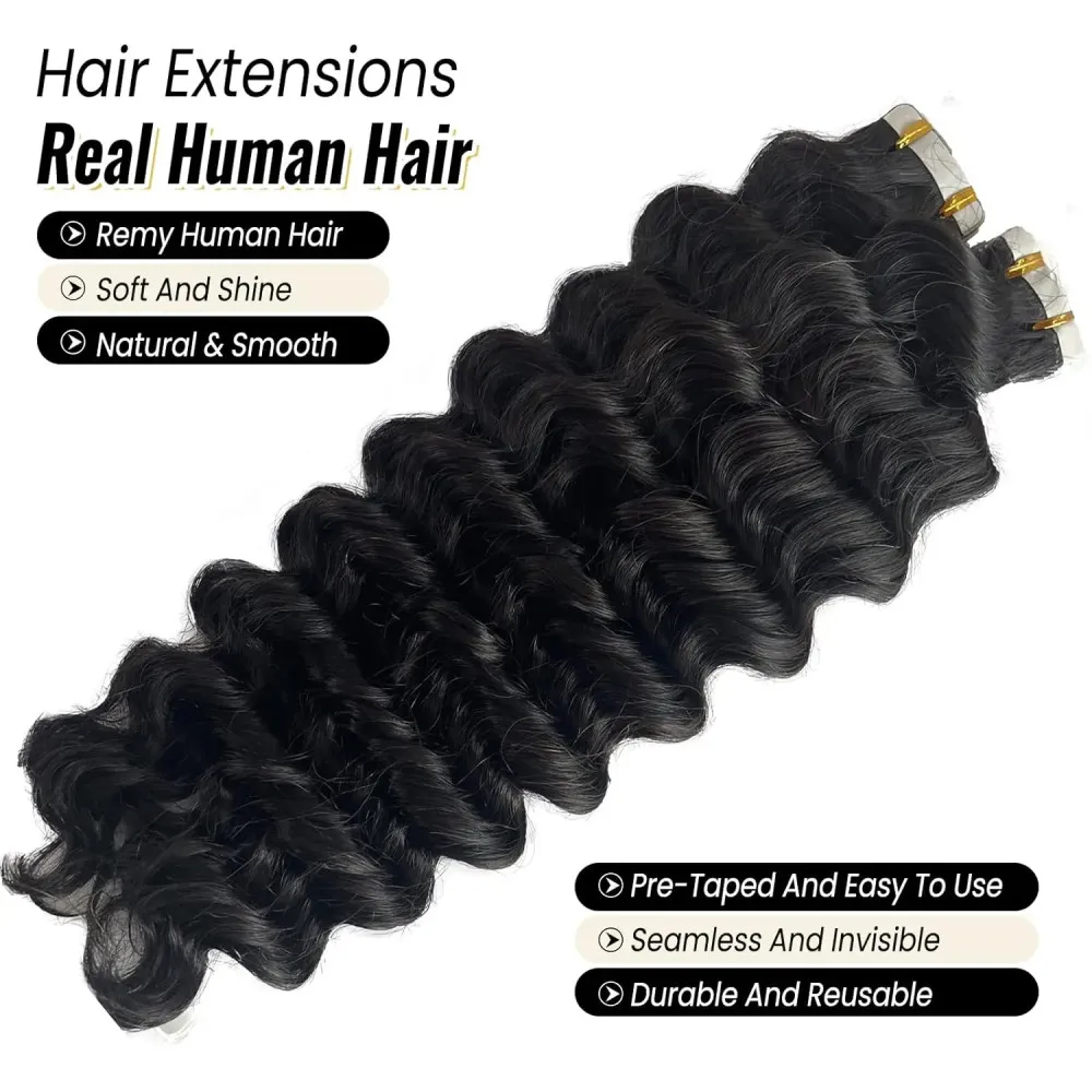 Tape In Hair Extensions Human Hair Deep Wave Invisible Seamless Tape In Extensions 16-26 Inches Natural Black #1B For Woman human hair extensions hair extensions