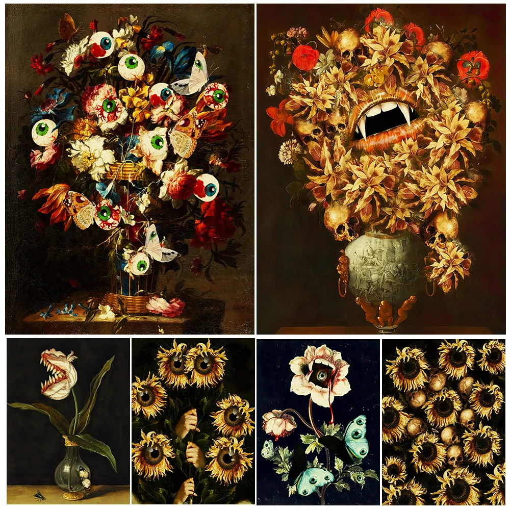 

Eyeball Sunflower With Bloodsucking Peonies Vintage Wall Art Canvas Painting Terror Of The Devil Flower Art Poster Print Decor