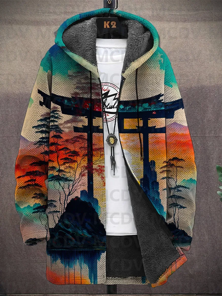 Men's Japanese Style Print Hooded Two-Pocket Fleece Cardigan