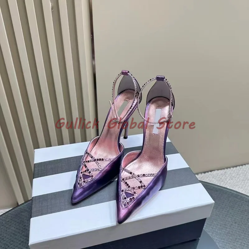 

2024 Genuine Leather Hollow Rhinestone Sexy Pointed Toe Buckle Stiletto Sandals Cross Tied Slingback Summer Dress Elegant Soft