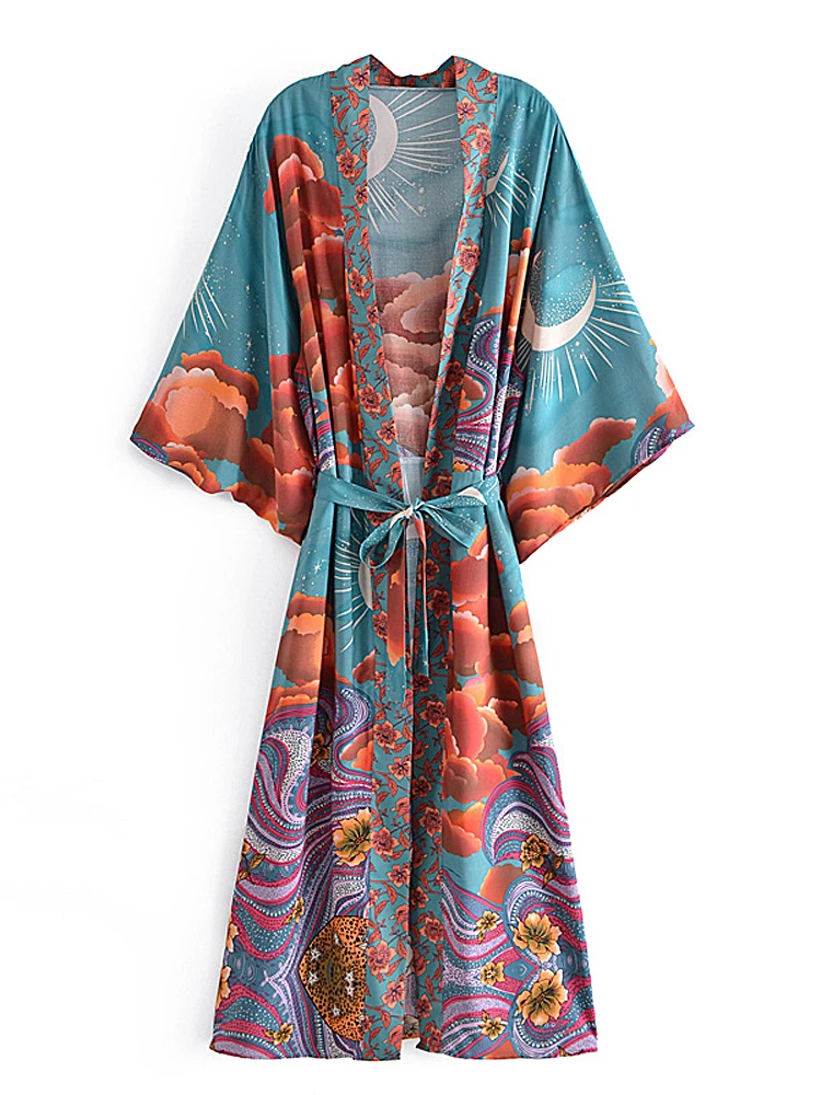 Women Star and Moon Floral Print Bat Sleeve Beach Bohemian Kimono Dress Robe Ladies Summer Boho Bikini Cover-ups
