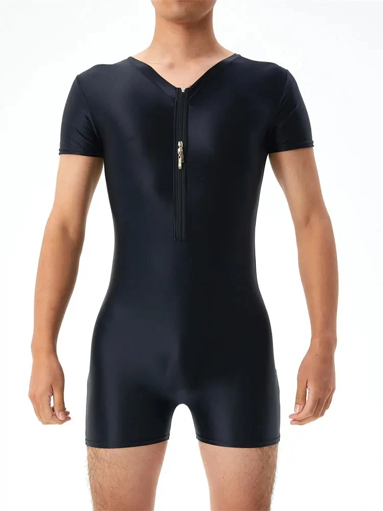 Men's Bodysuit With Front Zipper Two Way Oil Shiny Tights Yoga Shaping Leotard High Elastic Man Sexy Exotic Tops Candy Color