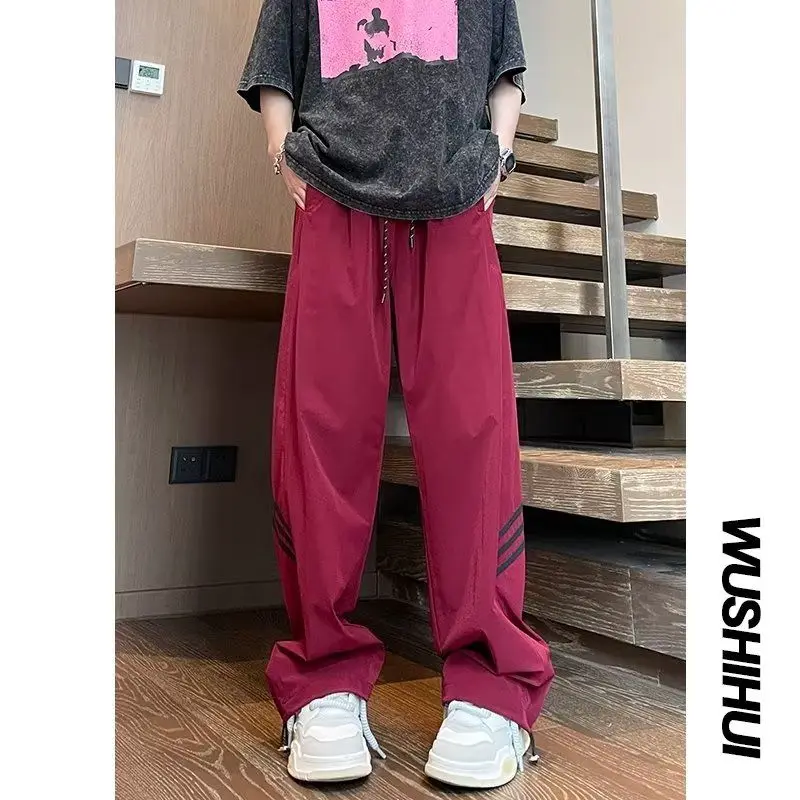 American Boyfriend Summer 2024 New Patchwork Elasticized Drawstring Pocket Fashion Comfortable Loose Casual Wide Leg Pants