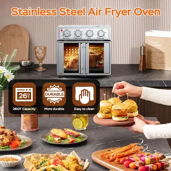 29.5 QT French Door Air Fryer Convection Toaster Oven, Extra Large 6 Slices, 1700W, Multifunction Oven for Air Fryer, Toast, Grill, Defrost, Bake, Time and Temperature Controls, Silver 4