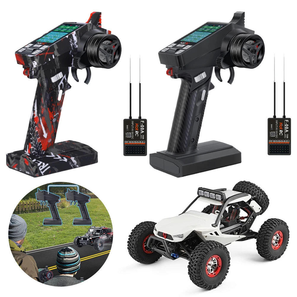Utilisateur tenant la télécommande RC 8 canaux 2.4G avec écran TFT pour piloter un modèle réduit
