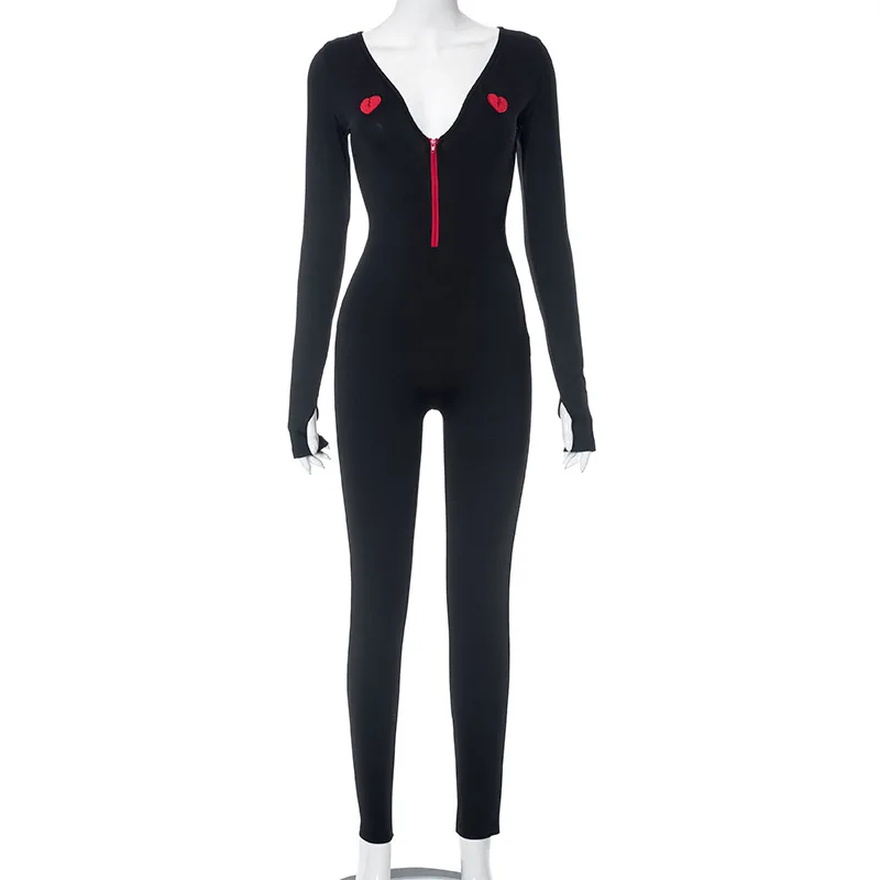 BKLD Clothes For Women 2023 Autumn Winter New Broken Heart Embroidery Contrast Color Zipper V-Neck Long Sleeve Jumpsuit Black