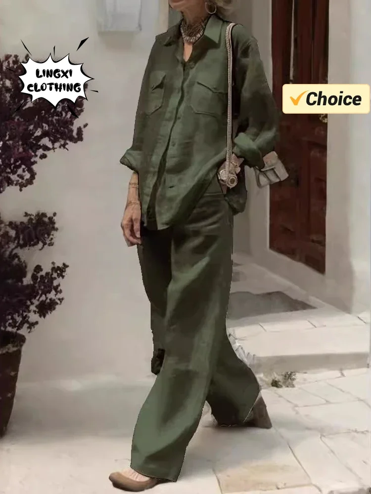 2024 Summer Fashion Women's New Style Matching Series Flip Collar Solid Color Pocket Shirt Wide Leg Pants Two Piece Set