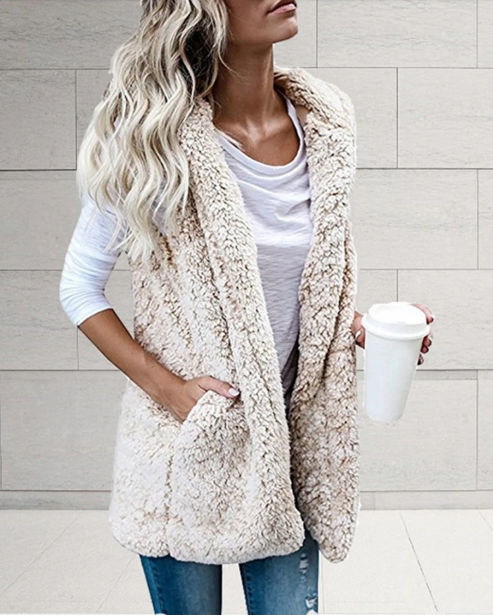 Casual Plain Pocket Detail Fluffy Fleece Sleeveless Hooded Teddy Vest Coat Women 2022 Autumn All-Match Jacket Women's Clotheing