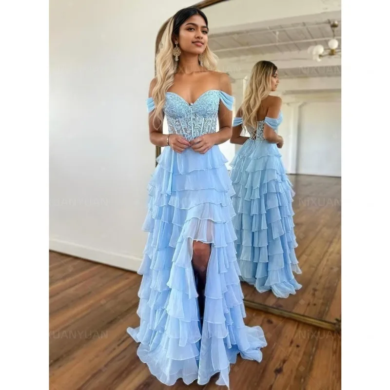 Dresses Custom Prom Dresses for Women Lace Appliques Tiered Chiffon Prom  Dress | eBay