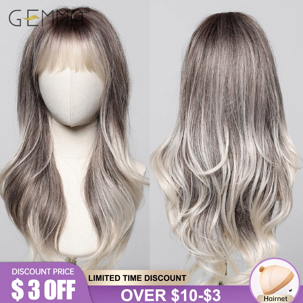 GEMMA Long Natural Wavy Ash Brown Blonde Ombre Synthetic Wig with Bangs for Women Heat Resistant Cosplay Party Daily Hair Wigs