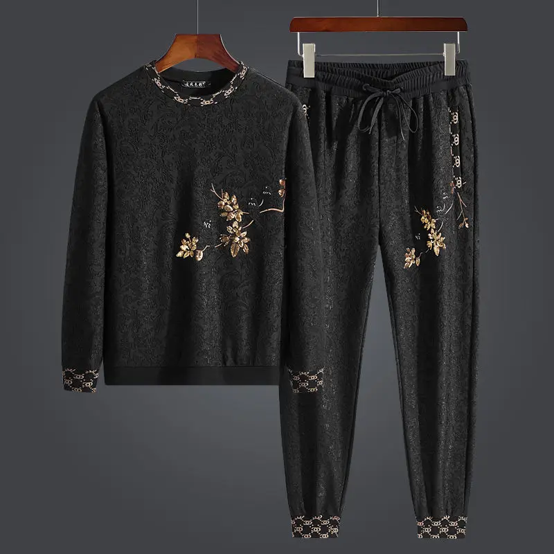 Men's Sets, Light Luxury High-end Dark Pattern Jacquard Casual Long-sleeved Trousers Suits, Korean Fashion Sports Two-piece Sets