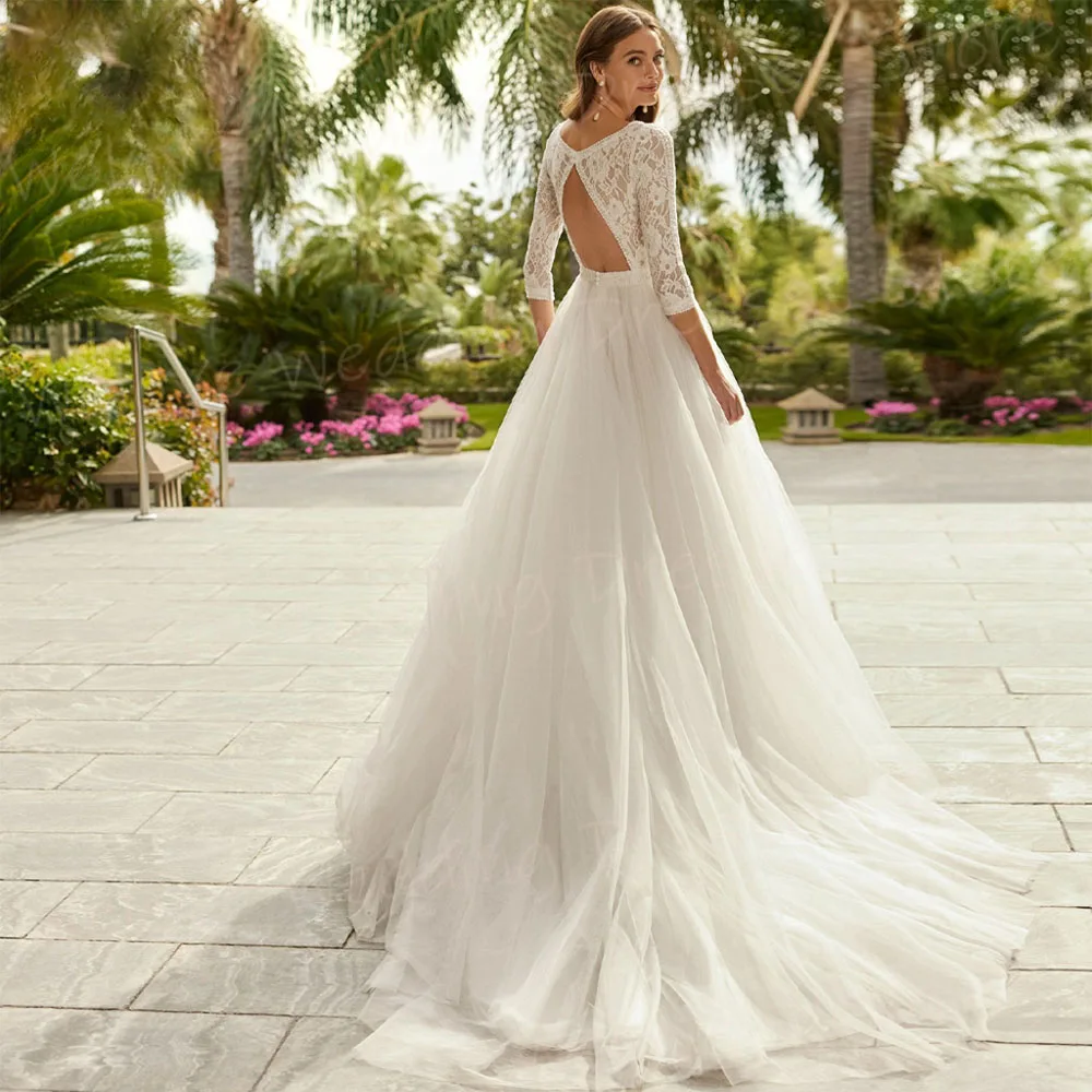 Sexy V Neck A Line Women's Wedding Dresses Appliques Lace Backless Bride Gowns Three Quarter Sleeve Vestidos De Novia wedding dresses
