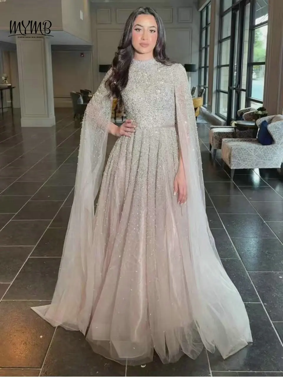 MYMB Exklusives High Neck Cape Sleeves Prom Party Kleid Dubai Luxus Gürtel Perlen A-Linie Tüll Overlay Abendkleider MB40029 – Detail 8