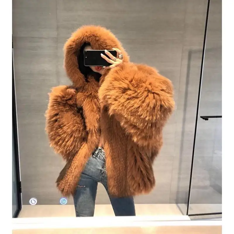 

New Winter Fox Mao Knitted Faux Fur Coat for Women Bat Sleeve Wears Fur Jacket for Women