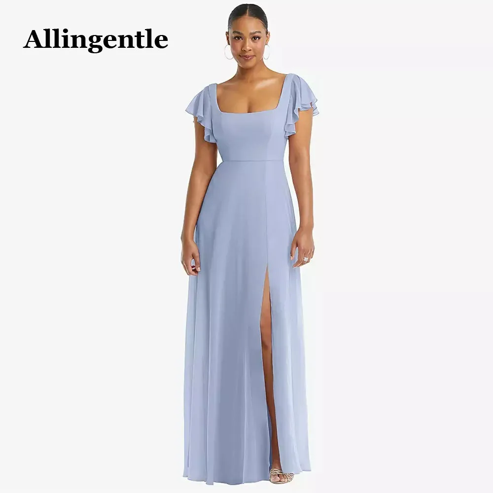 Allingentle Elegant Square Collar Evening Formal Dresses Made A-Line with Side Slit Maxi Dress Bridesmaid Prom Party Gown bridesmaid dresses