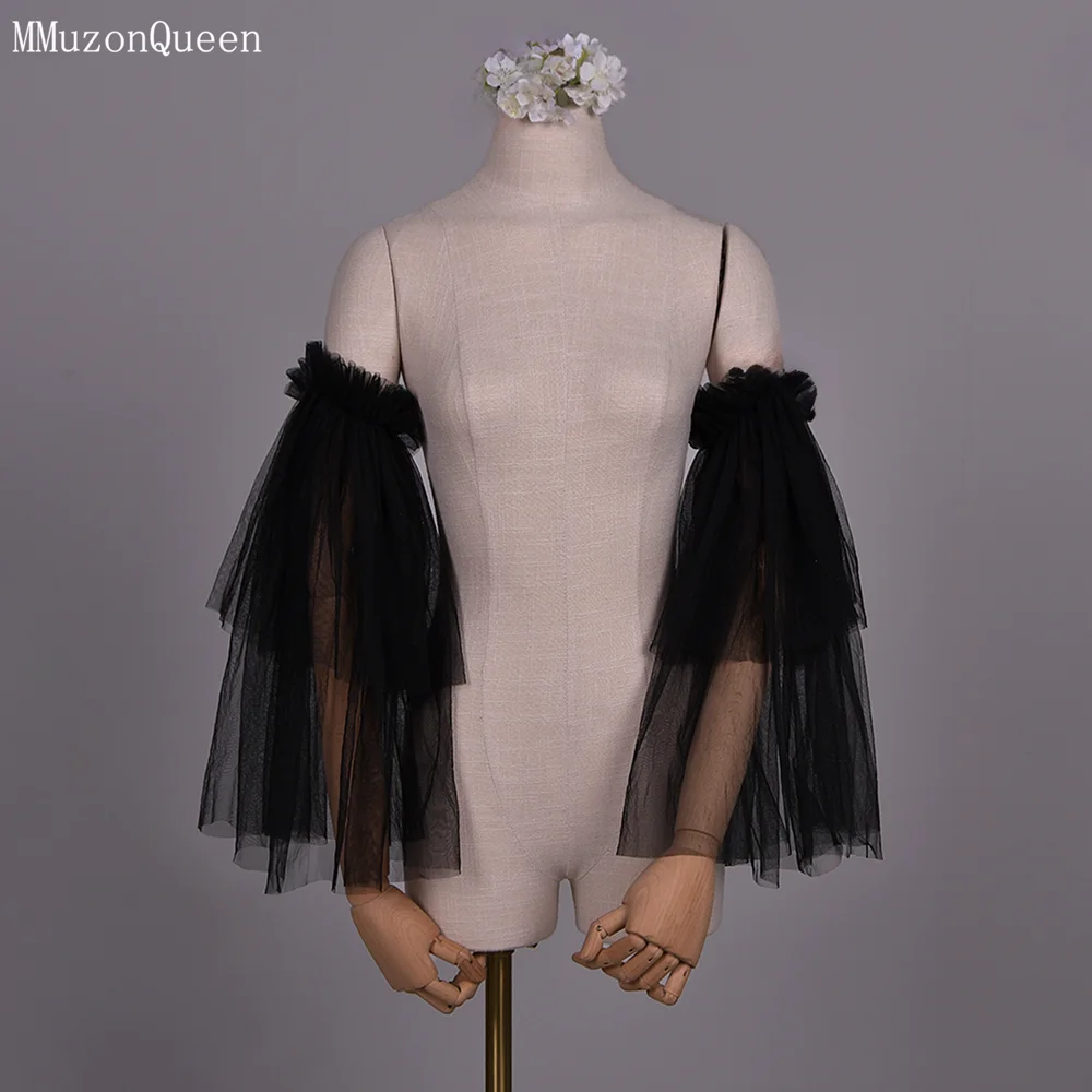 Wedding Sleeve Accessories Wedding Sleeves MMQ MM20 Bridal Long Sleeve Black Tulle Veil Ruffles Vintage Elasticated Sleeve Wedding Stuff For Party&Take Photo DIY Customize