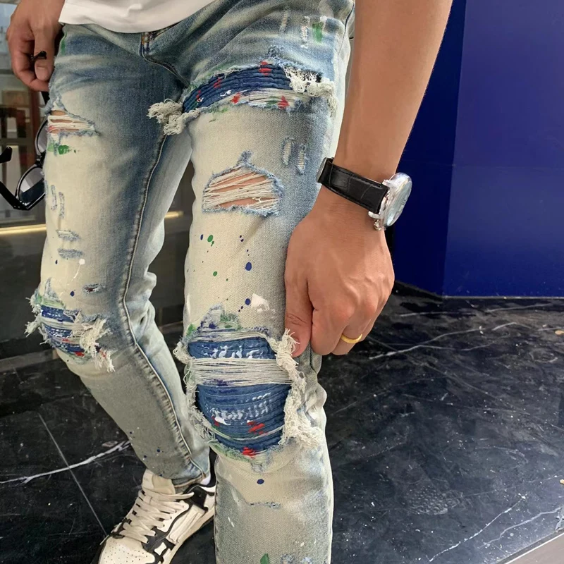 Latest Street Fashion Men's Jeans Vintage Painted Light Blue Elastic Slim Fit Split Jeans Men's Blue Leather Panel Designer Hip