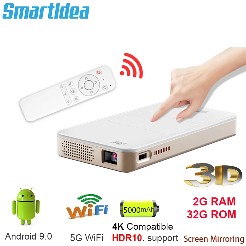 Smartldea Newest Arrive HD mini smart dlp 4k projector android 9.0 5G wifi BT build-in speaker battery pocket phone projectors